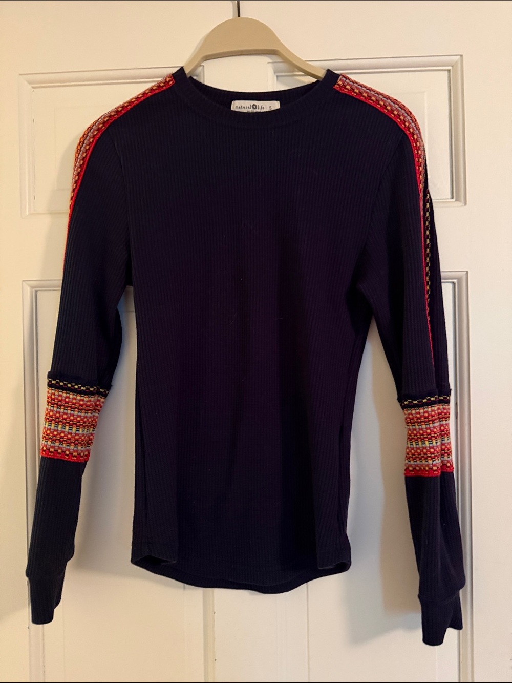 NATURAL LIFE Navy Crewneck Sweater with Red Patterned Shoulder and Cuff Stripes